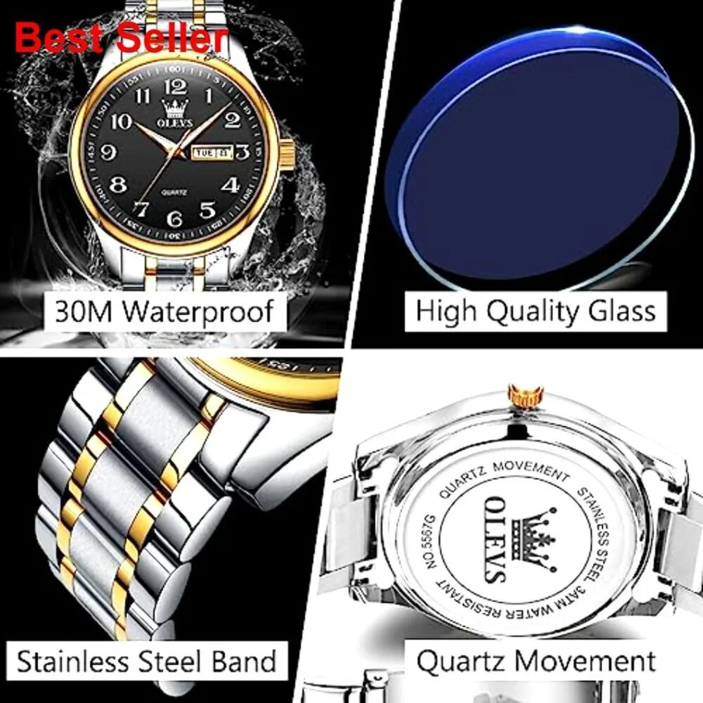 Stainless Steel Watch with Day Date Diamond Dial Waterproof